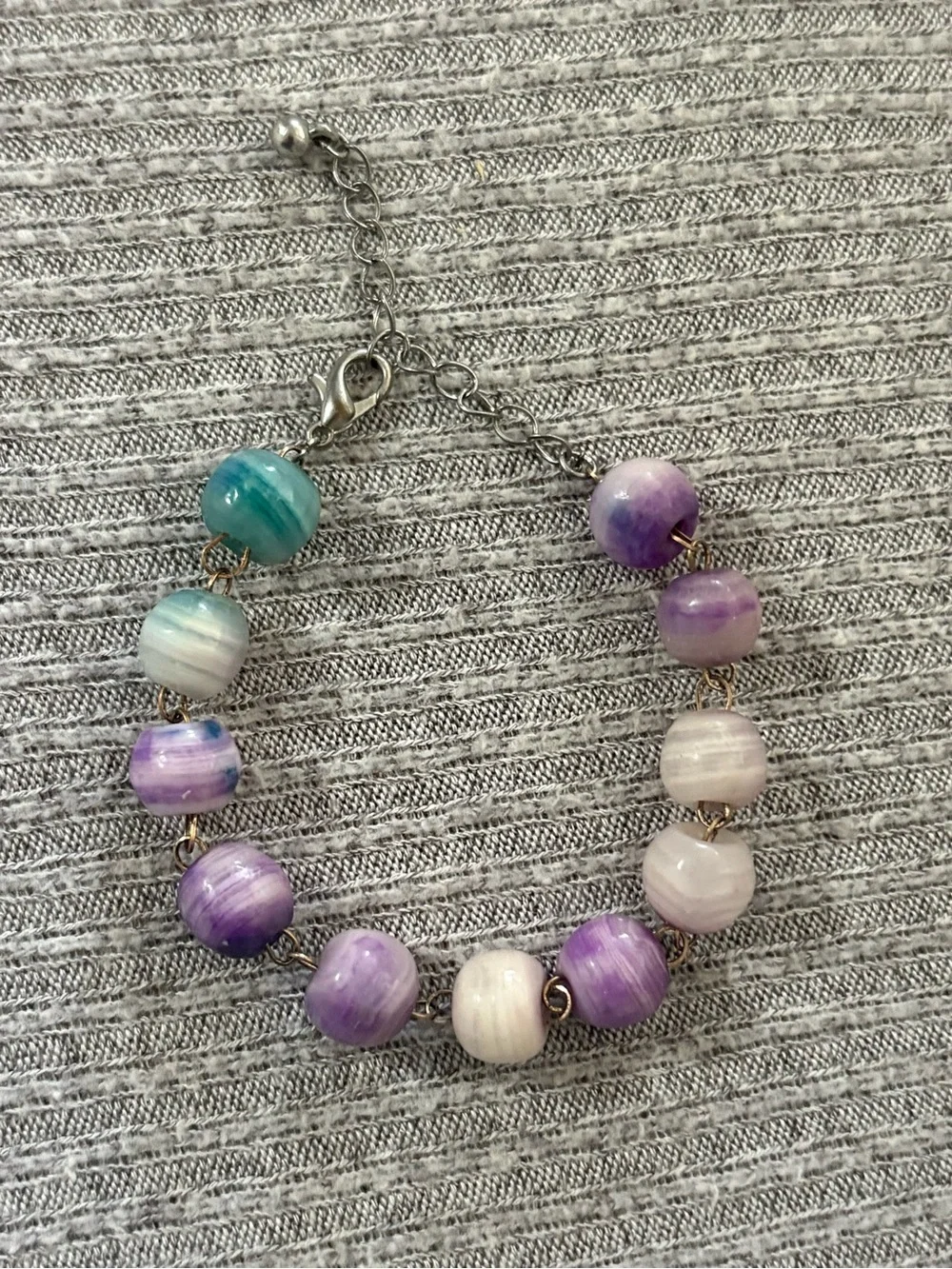 Bohemian theme purple, white & blue swirly beaded adjustable chain bracelet